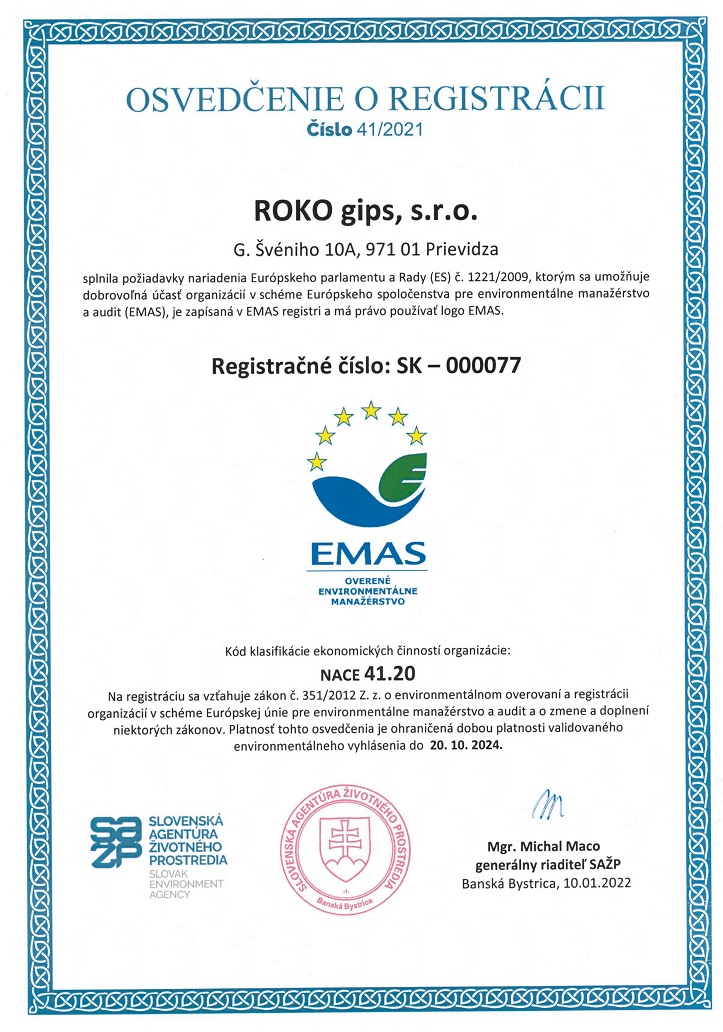 EMAS - osvedčenie o registráci